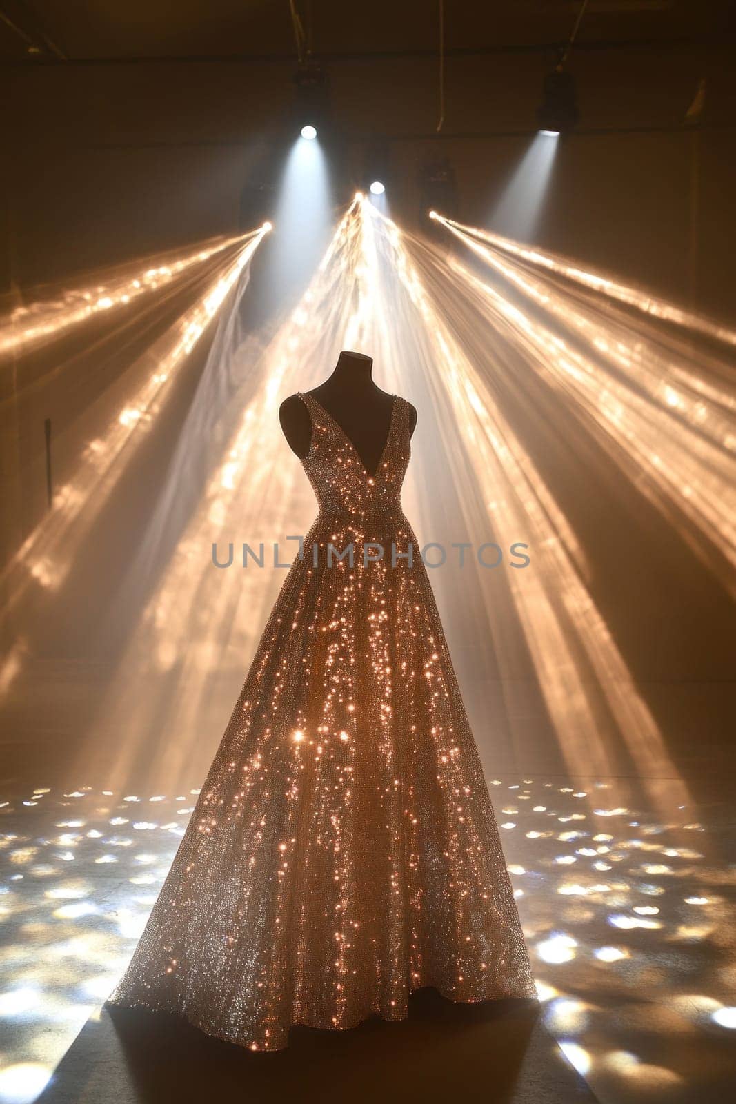 Elegant golden gown with sequins shimmering under dramatic stage lighting, creating a glamorous atmosphere