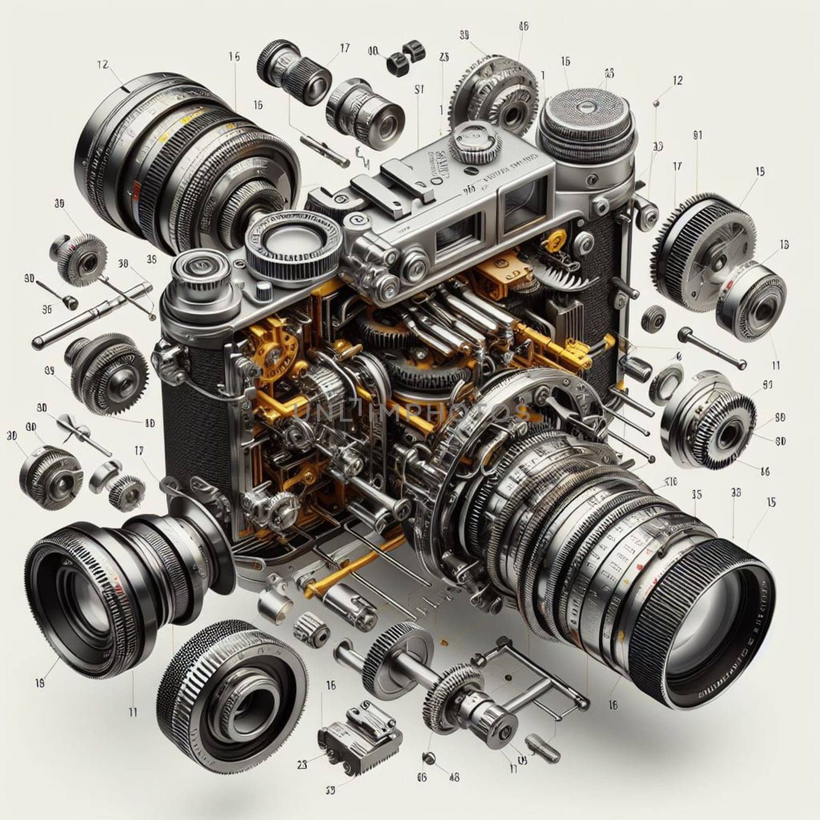 Meticulously detailed illustration showing an exploded view of a vintage camera with its parts and lenses systematically laid out on a neutral background, perfect for technical and educational use