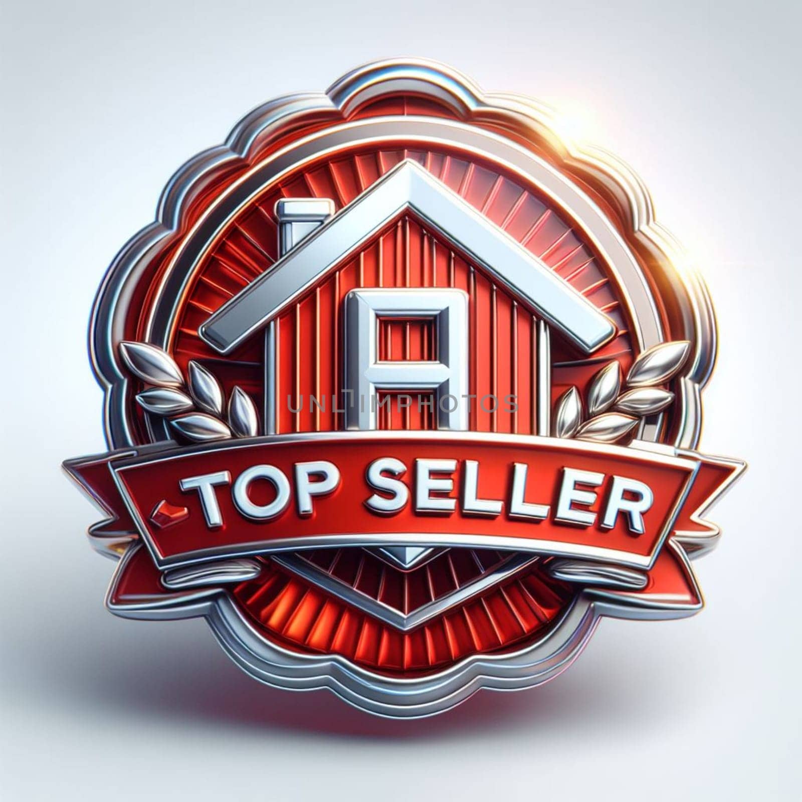Striking 3d-rendered top seller badge featuring a house icon, laurels, and banner, symbolizing excellence in sales, suitable for real estate or retail achievements