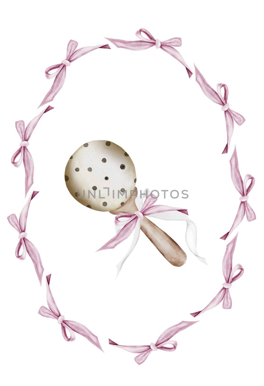 Baby rattle toy watercolor.Hand drawn baby accessory in a bow frame. Clip art in pink tones. Perfect for birth, baby shower and hospital discharge cards