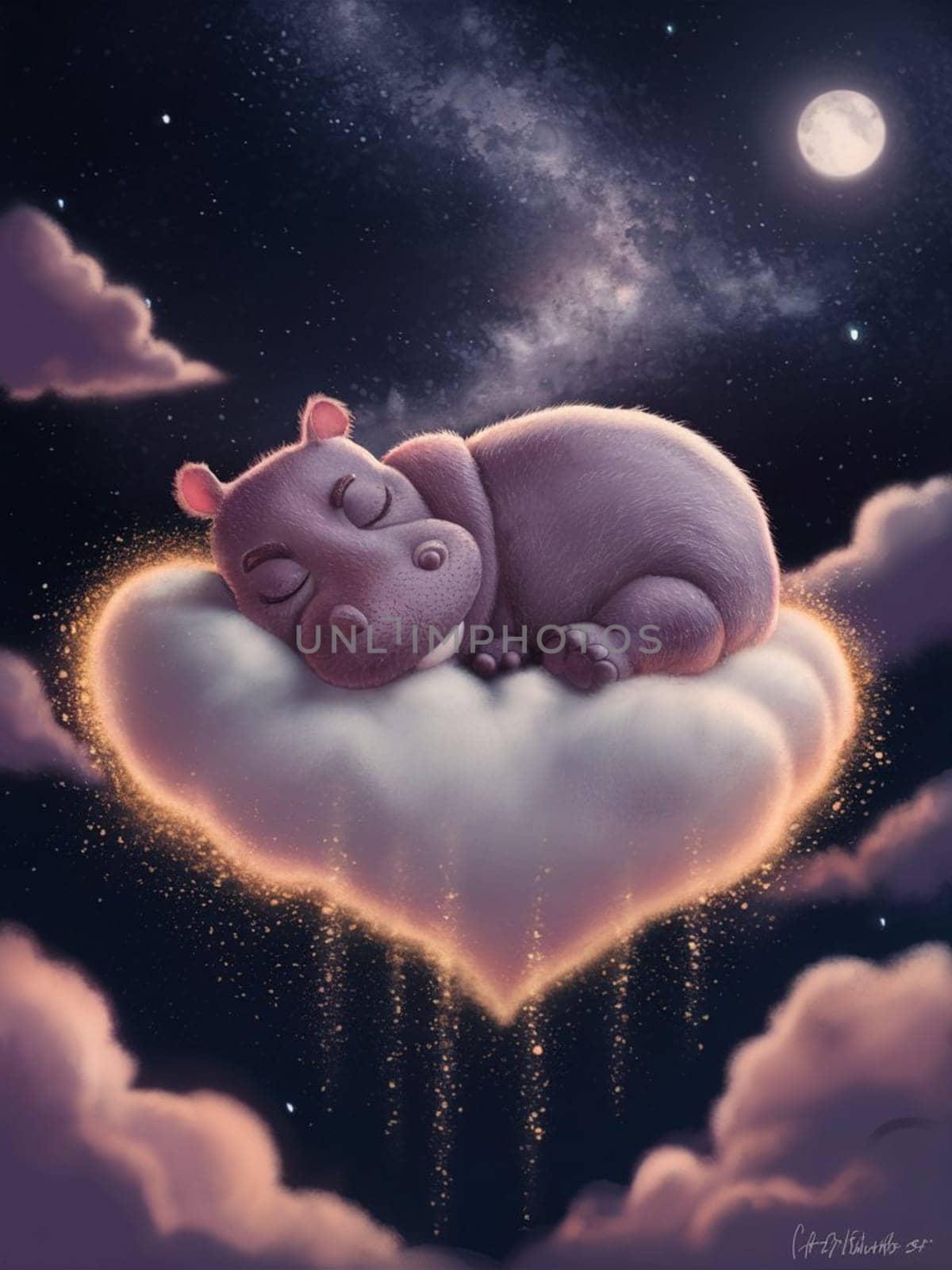 A cute little hippo is sleeping in a cloud shaped like a heart. The clouds are fluffy and white, and the sky is dark with stars. The image has a dreamy, whimsical feel to it ai generated