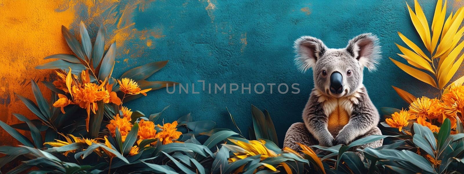 A cute koala surrounded by lush yellow flowers, set against a textured blue and orange background. Concept of Nature, wildlife, and decorative floral art featuring Australian animals.