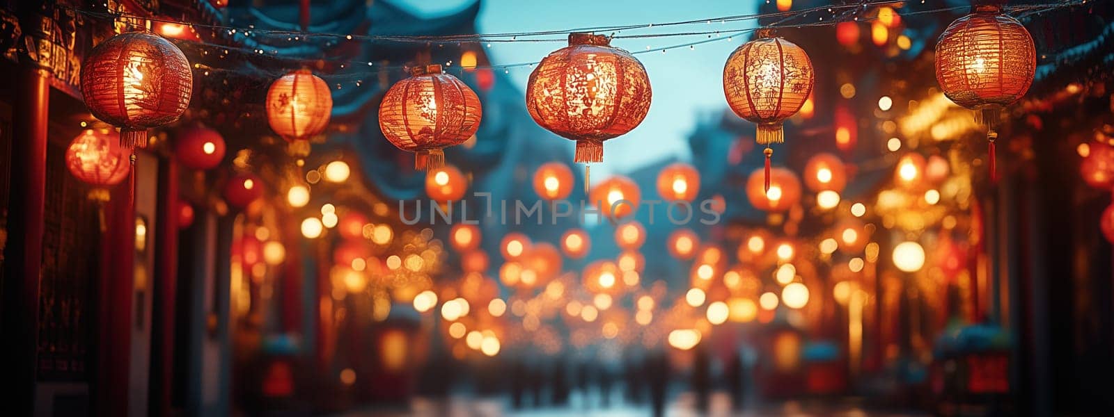 A bustling Chinese street illuminated with glowing red lanterns at night, creating a magical festive atmosphere. Festive magic and cultural celebration.