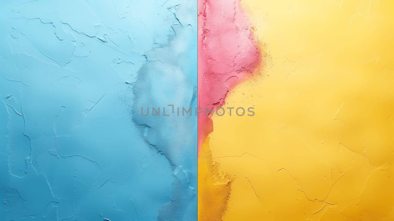 A textured surface split into blue and yellow, blending with pink details for an artistic abstract look. Concept of Split color texture.