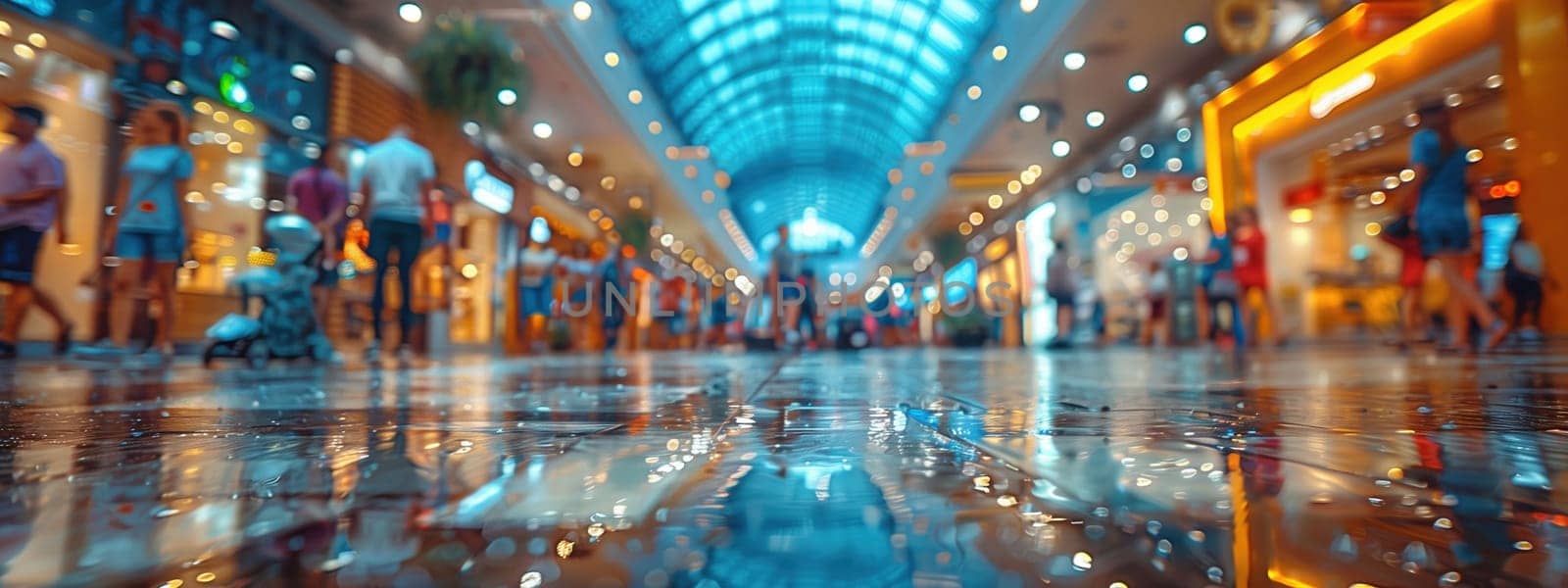 A busy shopping mall scene with a focus on wet floor reflections, blurred people, and glowing store lights under a modern glass ceiling.