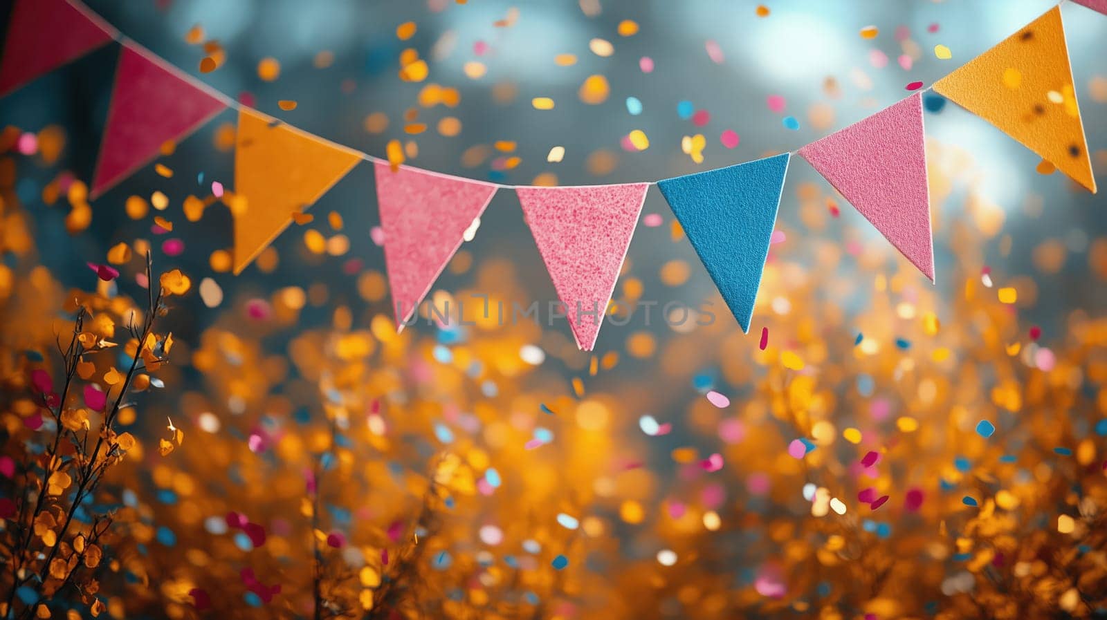 Colorful triangular flags and falling confetti set against an autumnal backdrop with orange hues and glowing light, creating a warm, festive atmosphere.