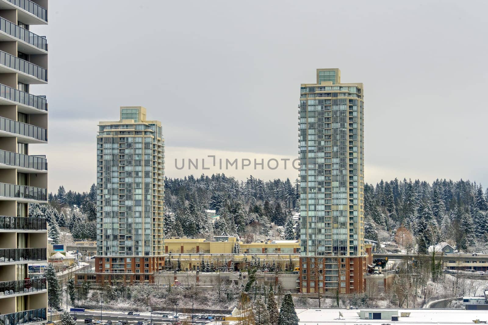 Winter urban cityscape with high-rise buildings in Vancouver, Canada.