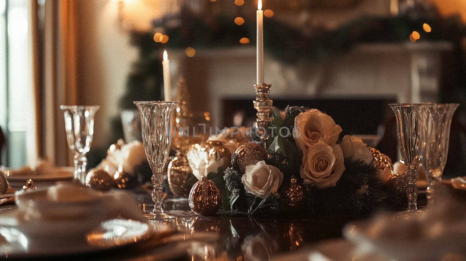 Country manor decorated for Christmas, Merry Christmas holiday idea