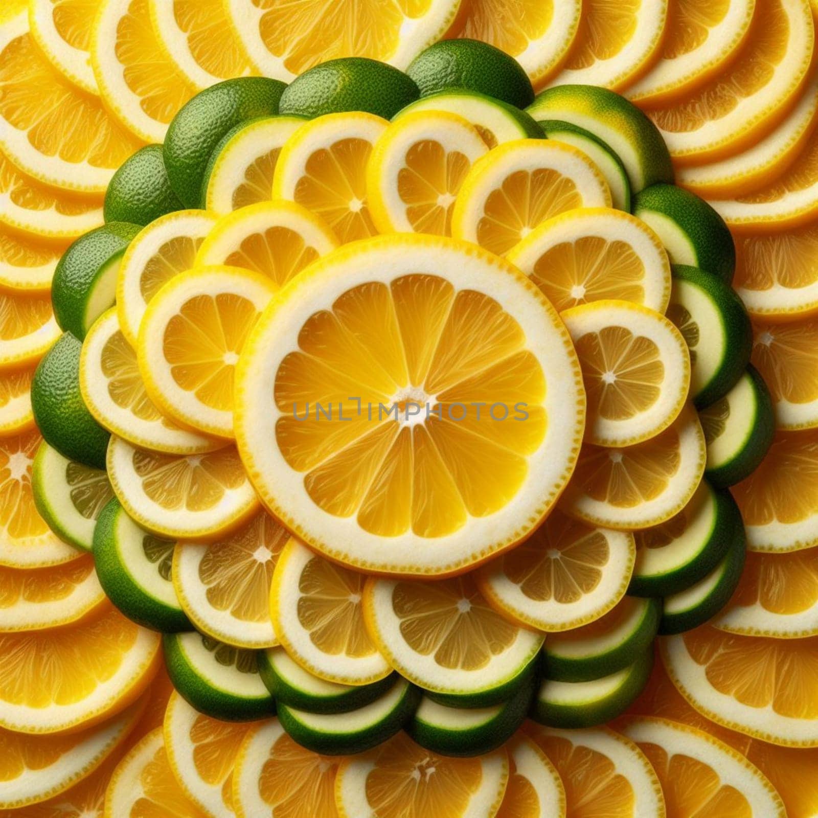 Vibrant, top view of neatly arranged sliced lemons and limes forming a spiral pattern. The fresh citrus display exudes a summery and refreshing vibe with a focus on healthy eating