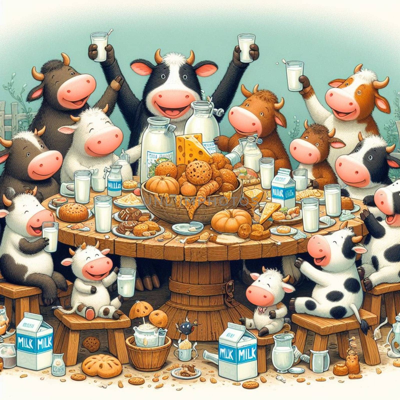 Whimsical illustration of happy cartoon cows seated around a wooden table, gleefully partaking in a variety of dairy products and pastries during a joyous milk-themed celebration