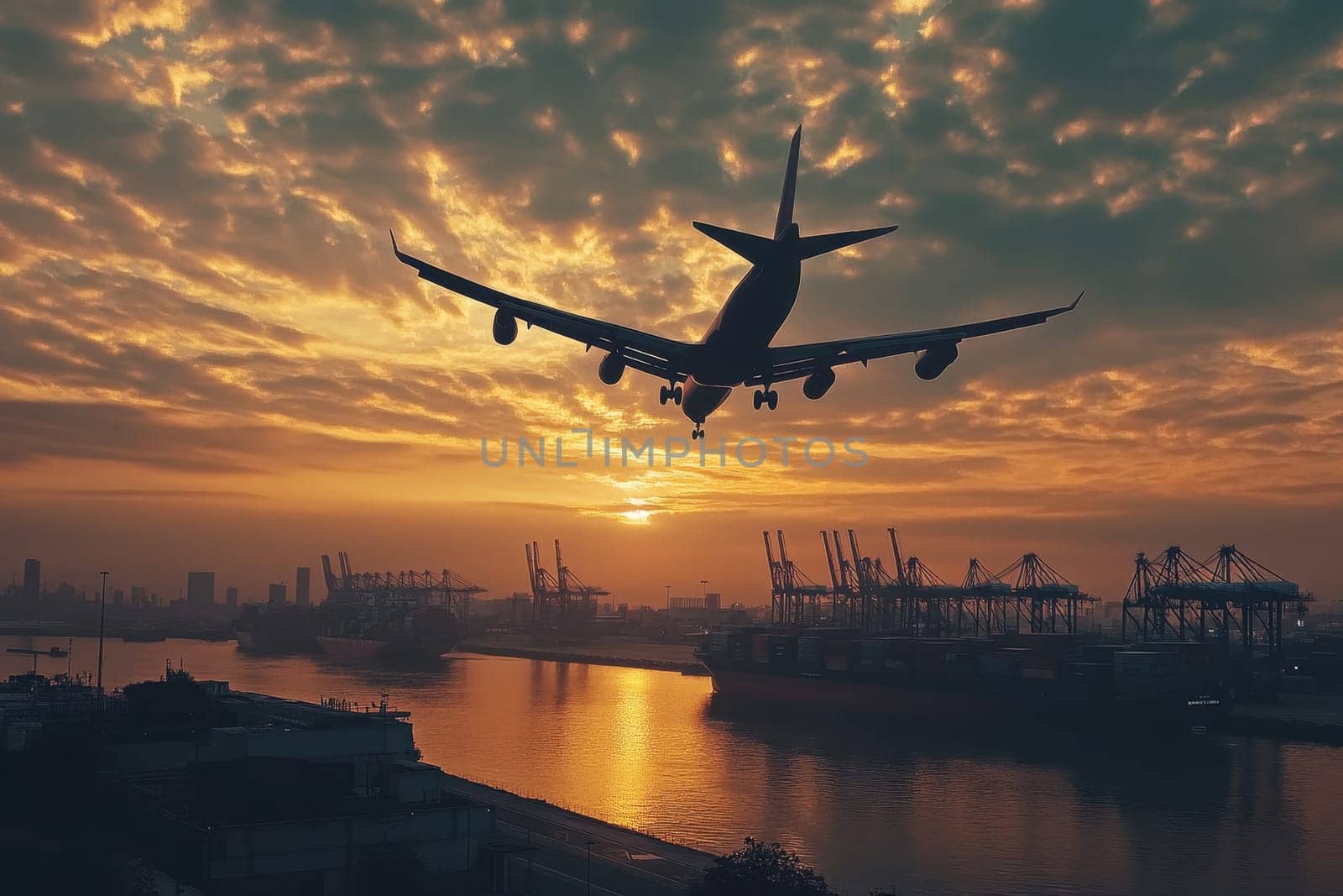 An airplane descends over a bustling port during a vibrant sunset, showcasing silhouettes of shipping containers against a colorful sky.