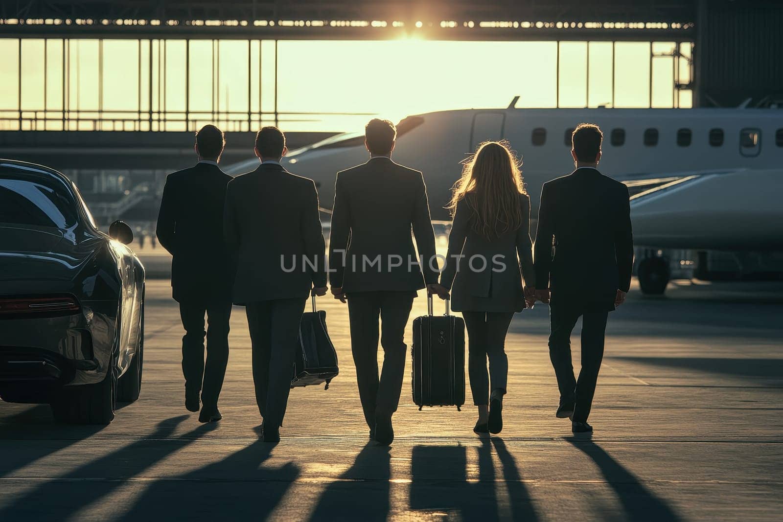 A group of business travelers walks confidently toward a private jet at sunrise, showcasing unity and luxury in a vibrant airport setting.