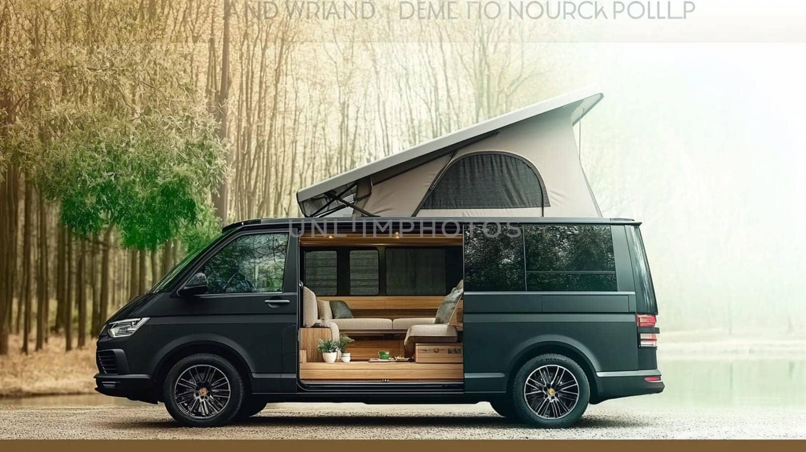 Sleek black camper van is parked in a field, its door open to reveal a cozy interior, inviting you to experience the freedom of the open road