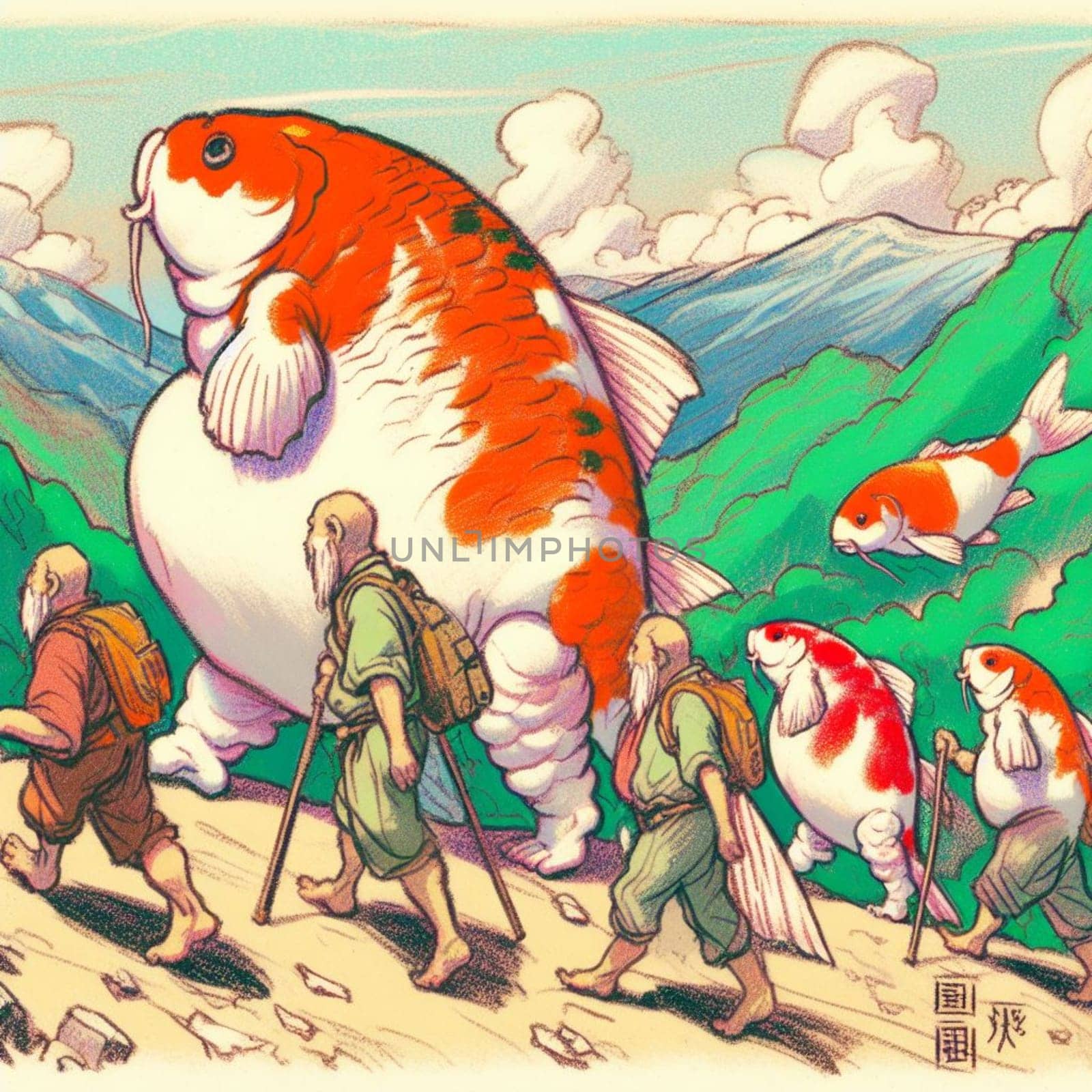 Whimsical illustration of travelers on a mystical journey, accompanied by colossal koi fish soaring above a lush green landscape under a dreamy, cloud-filled sky