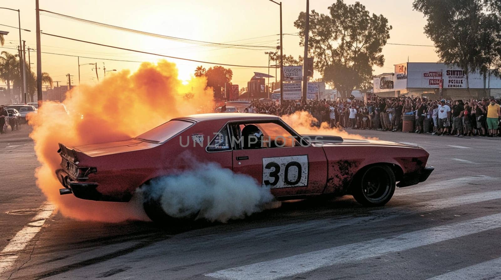 Pink muscle car revs its engine, creating smoke as a crowd cheers at an event. The vibrant sunset adds excitement to this dynamic scene of automotive passion in california's urban streets