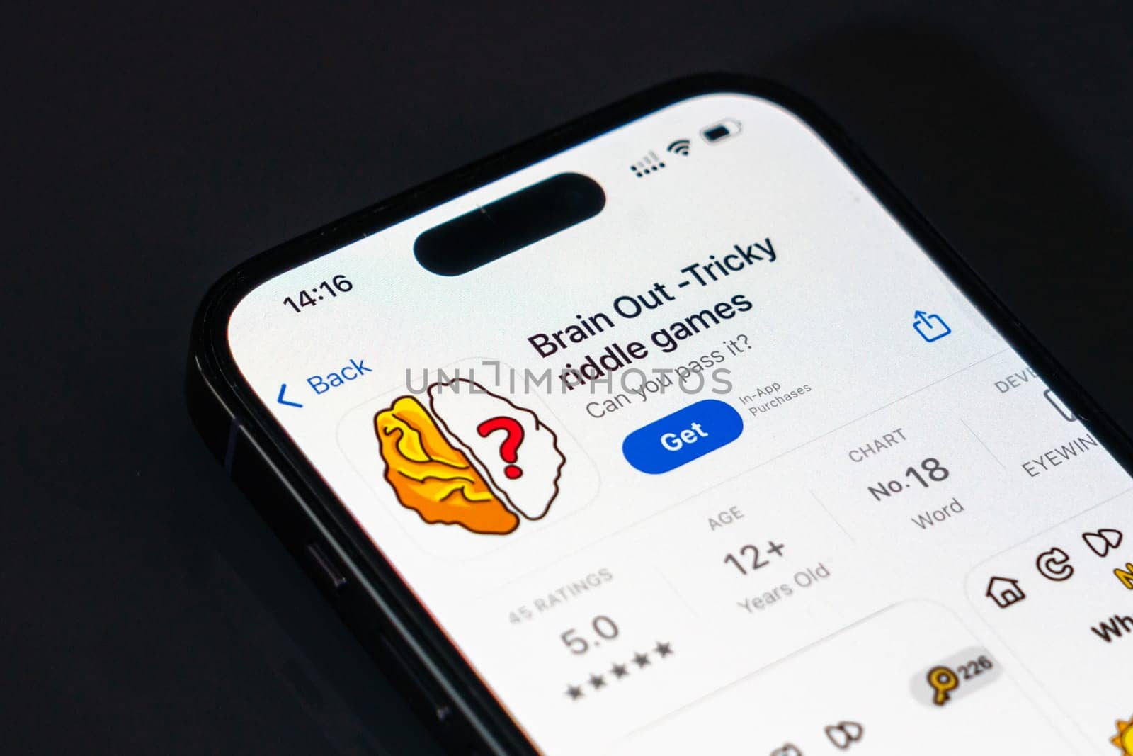 New York, USA - December 20, 2024: Brain Out game app displayed on smartphone screen with logo. Tricky puzzle game with fun and challenging brain teasers