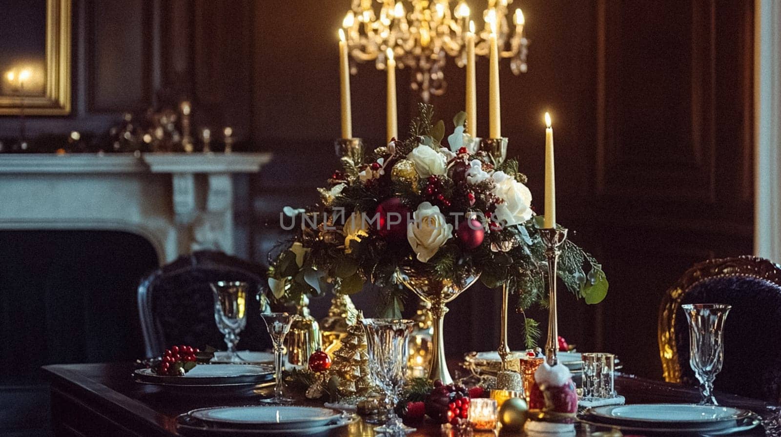 Country manor decorated for Christmas, Merry Christmas holiday idea