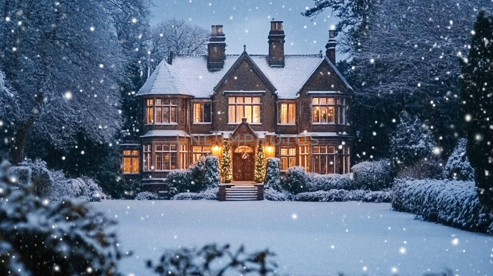 Country manor decorated for Christmas, Merry Christmas holiday idea