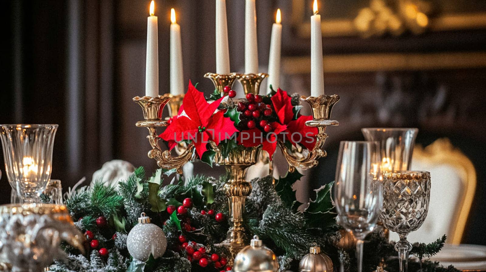 Country manor decorated for Christmas, Merry Christmas holiday idea