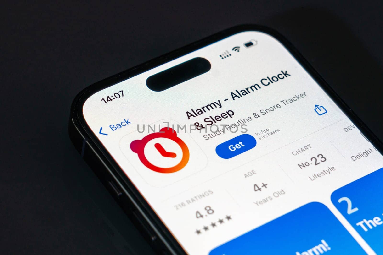New York, USA - December 20, 2024: Alarmy app displayed on smartphone screen with logo. Alarm clock application featuring sleep tracking and advanced wake-up features