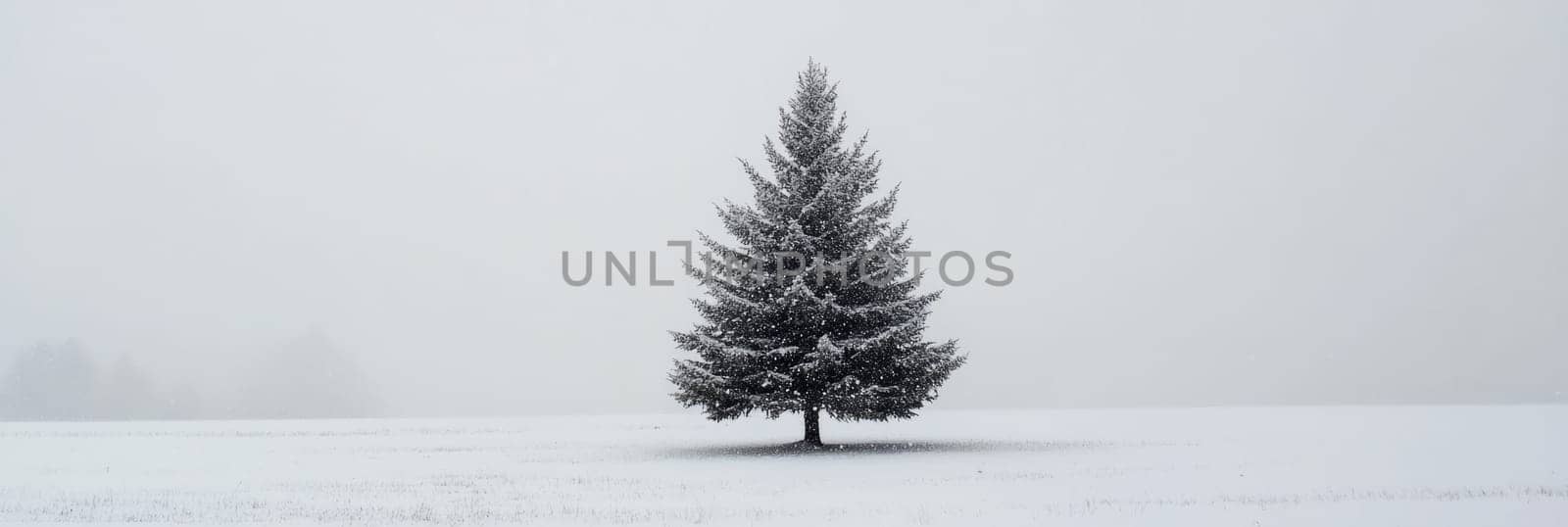 Minimalist winter banner showcasing solitary snow-covered tree on vast, misty landscape, for holiday theme, peaceful seasonal promotion, nature-inspired design, capturing tranquility, simplicity