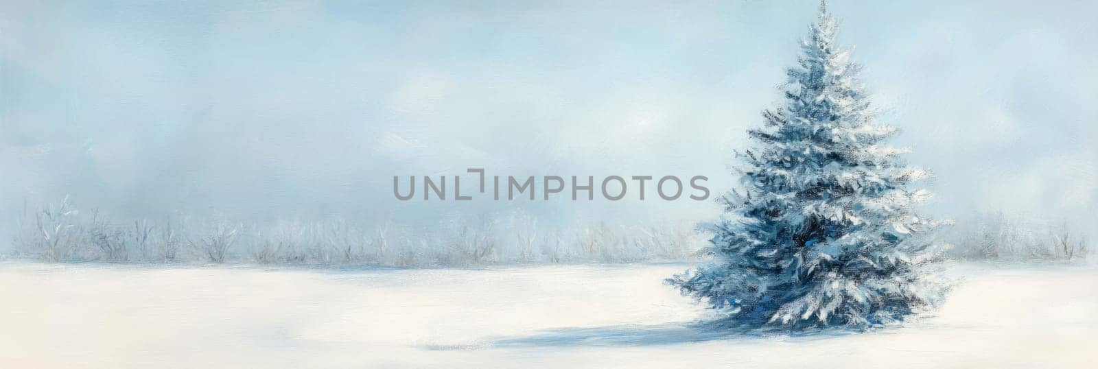 Serene winter landscape banner featuring snow-covered evergreen tree against tranquil sky. Perfect for holiday promotions, seasonal greetings, or festive decorations, capturing peaceful winter beauty