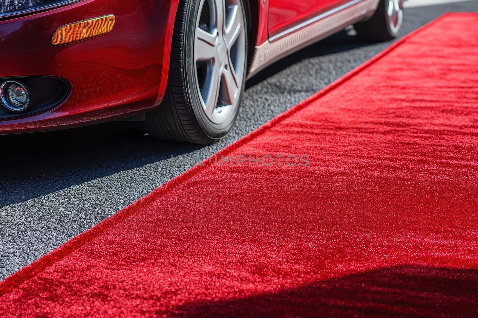 A luxury car rests on a vibrant red carpet, creating a striking visual contrast against the asphalt. This scene captures elegance and sophistication, perfect for showcasing upscale events.