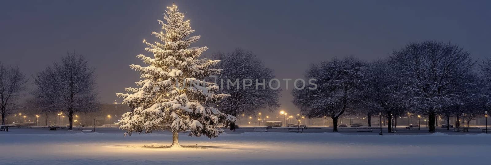 Banner Magical Christmas tree glowing in snowy night park. Illuminated fir stands out against dark winter landscape, serene atmosphere, for seasonal greeting, winter wonderland promotion