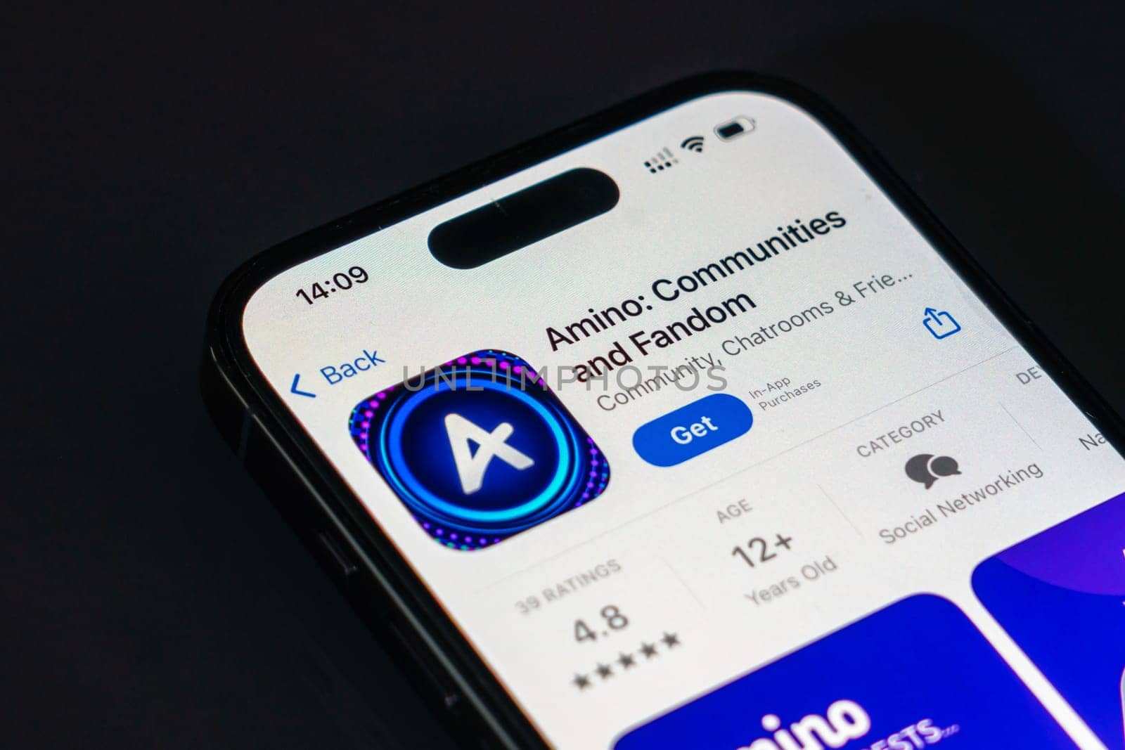 New York, USA - December 20, 2024: Amino app displayed on smartphone screen with logo. Social networking platform for communities, fandoms, and creative collaboration
