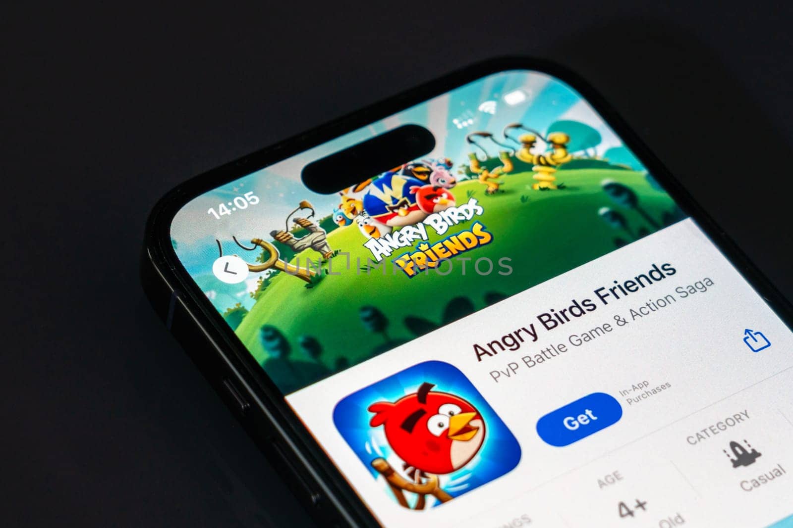 New York, USA - December 20, 2024: Angry Birds Friends game app displayed on smartphone screen with logo. Multiplayer puzzle game featuring bird characters and competitive gameplay