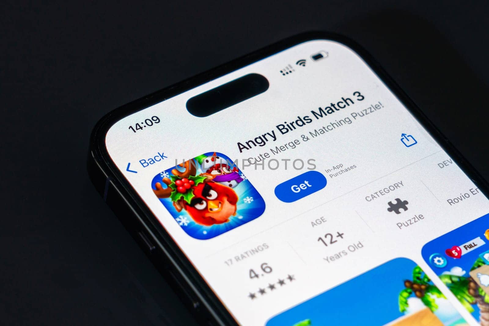 New York, USA - December 20, 2024: Angry Birds Match 3 game app displayed on smartphone screen with logo. Popular casual mobile game focused on puzzles and fun gameplay