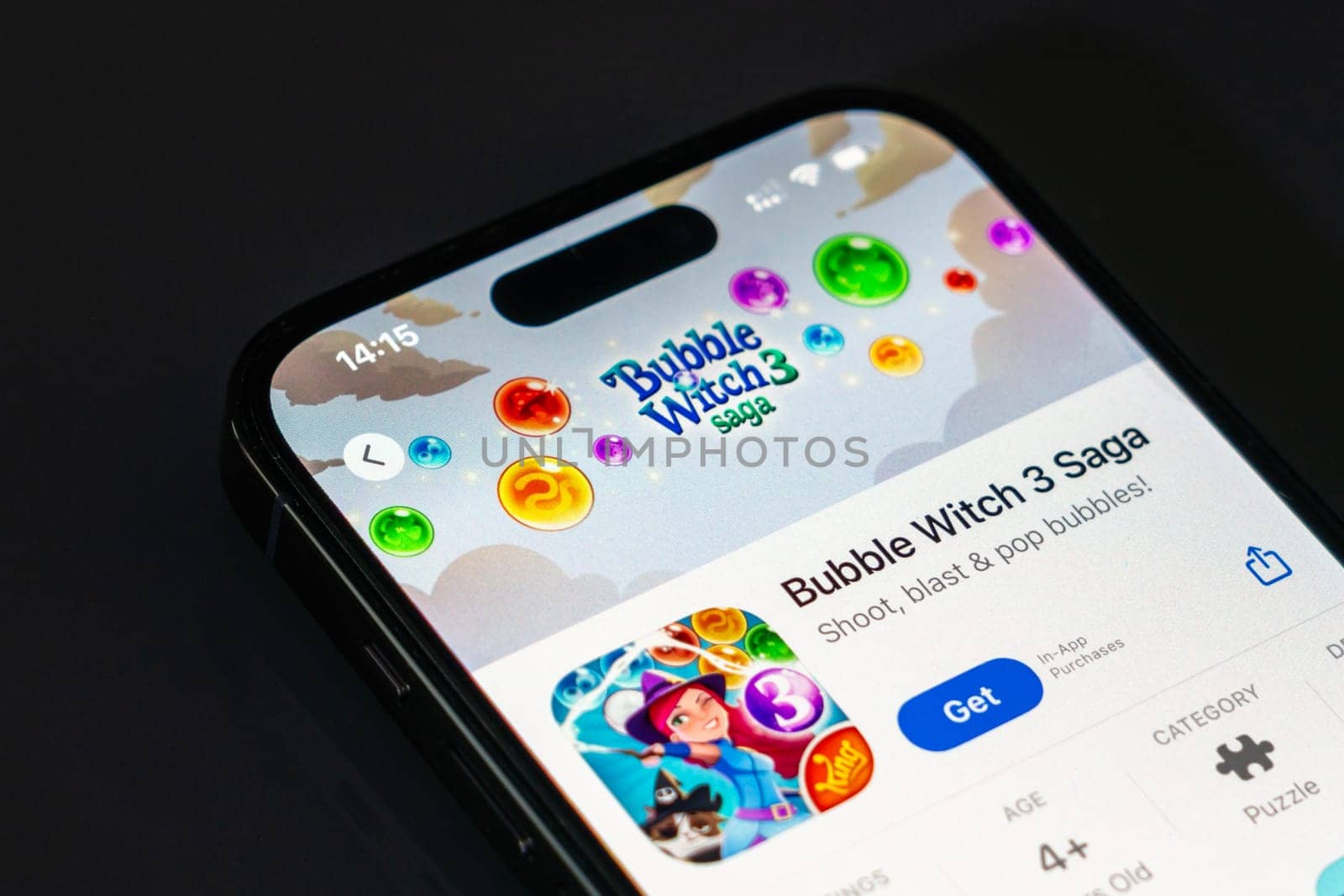 New York, USA - December 20, 2024: Bubble Witch 3 Saga game app displayed on smartphone screen with logo. Popular puzzle game featuring bubble shooting and magical adventures