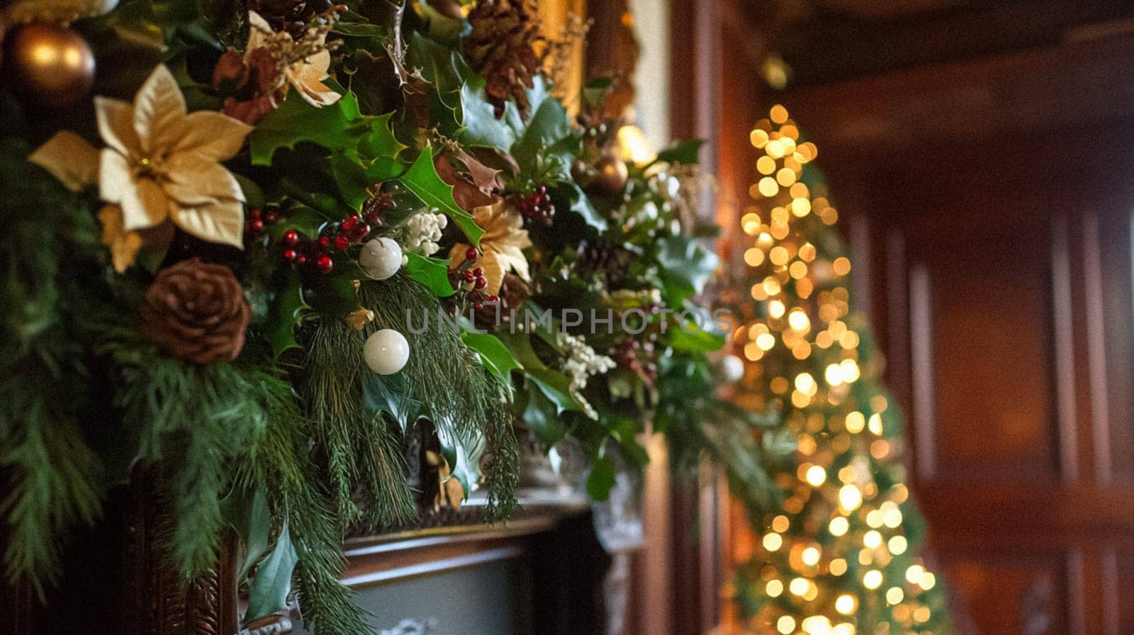 Country manor decorated for Christmas, Merry Christmas holiday idea