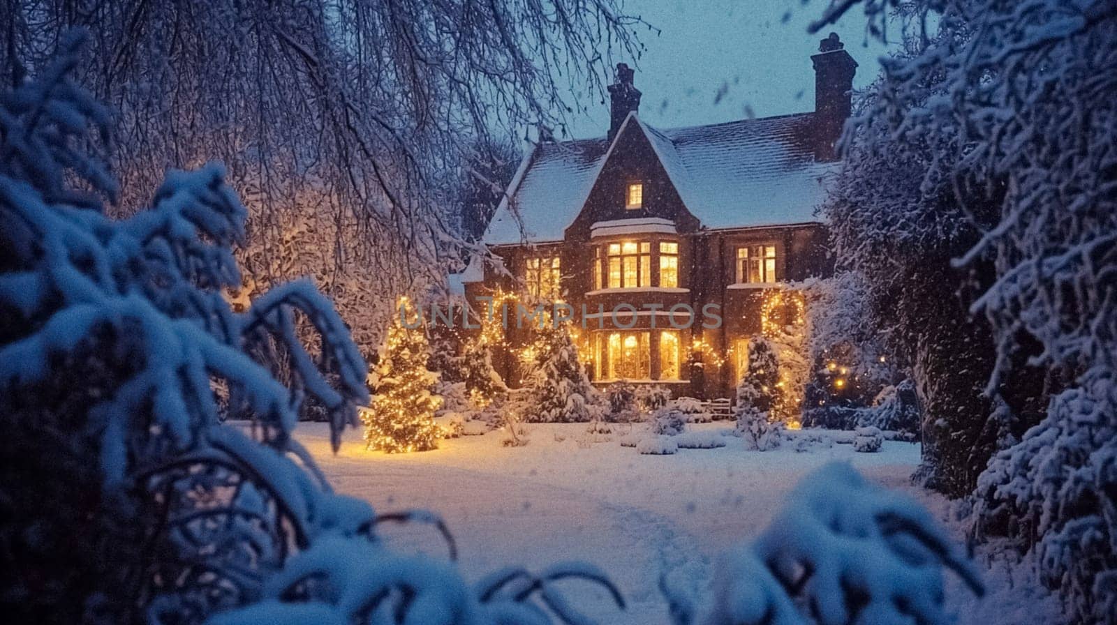 Country manor decorated for Christmas, Merry Christmas holiday idea