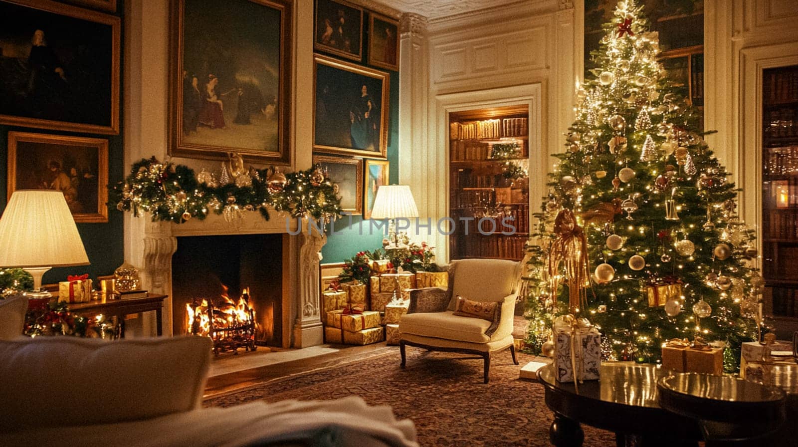 Country manor decorated for Christmas, Merry Christmas holiday idea