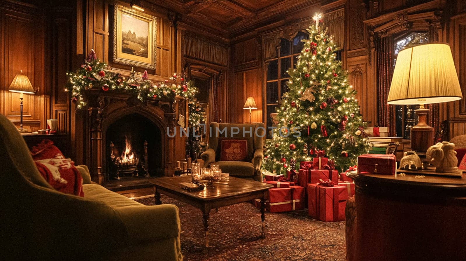 Country manor decorated for Christmas, Merry Christmas holiday idea