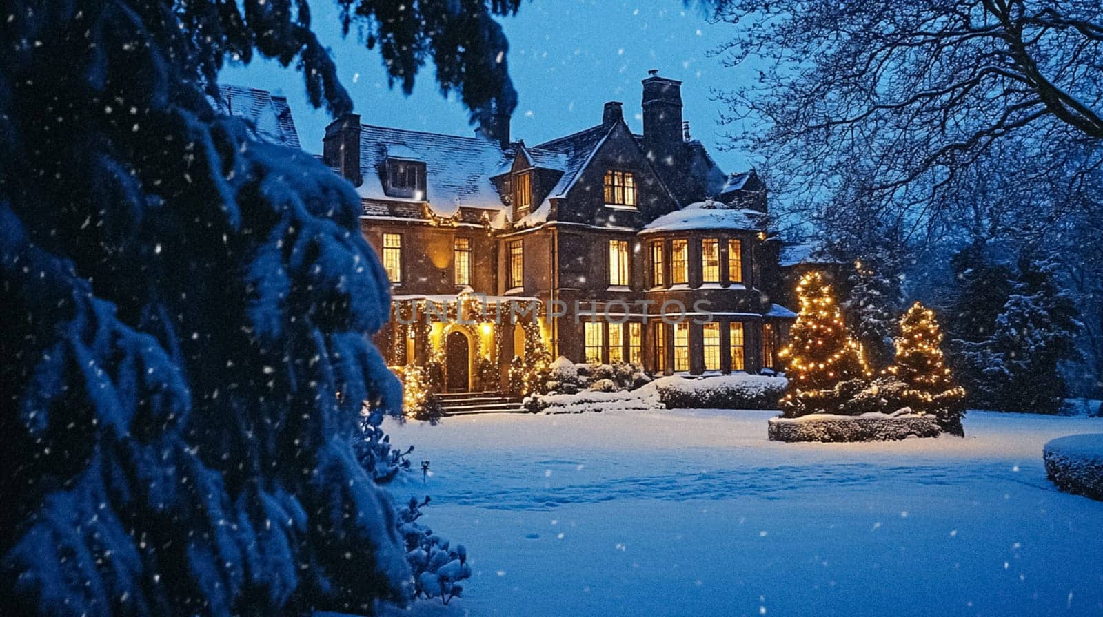 Country manor decorated for Christmas, Merry Christmas holiday idea