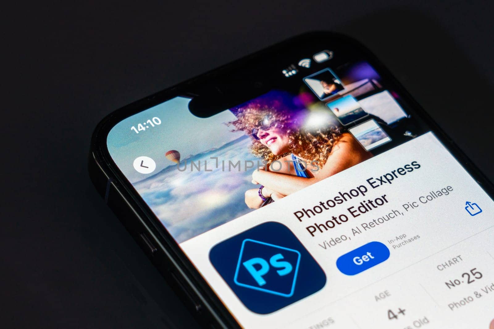 New York, USA - December 20, 2024: Photoshop Express Photo Editor app displayed on smartphone screen. Popular mobile application for photo editing and creative tools