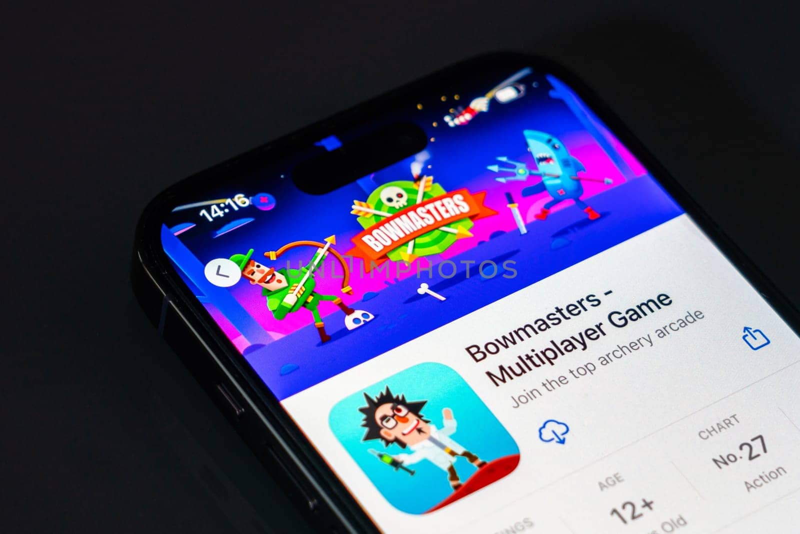 New York, USA - December 20, 2024: Bowmasters game app displayed on smartphone screen with logo. Multiplayer action game featuring unique characters and exciting gameplay