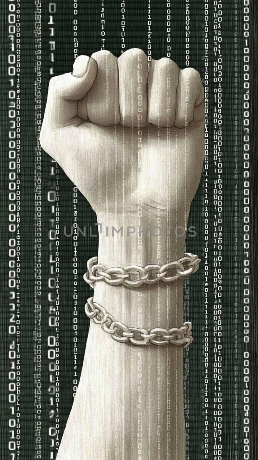 Powerful fist, adorned with intricate patterns, is breaking free from heavy chains, symbolizing the struggle for freedom and equality
