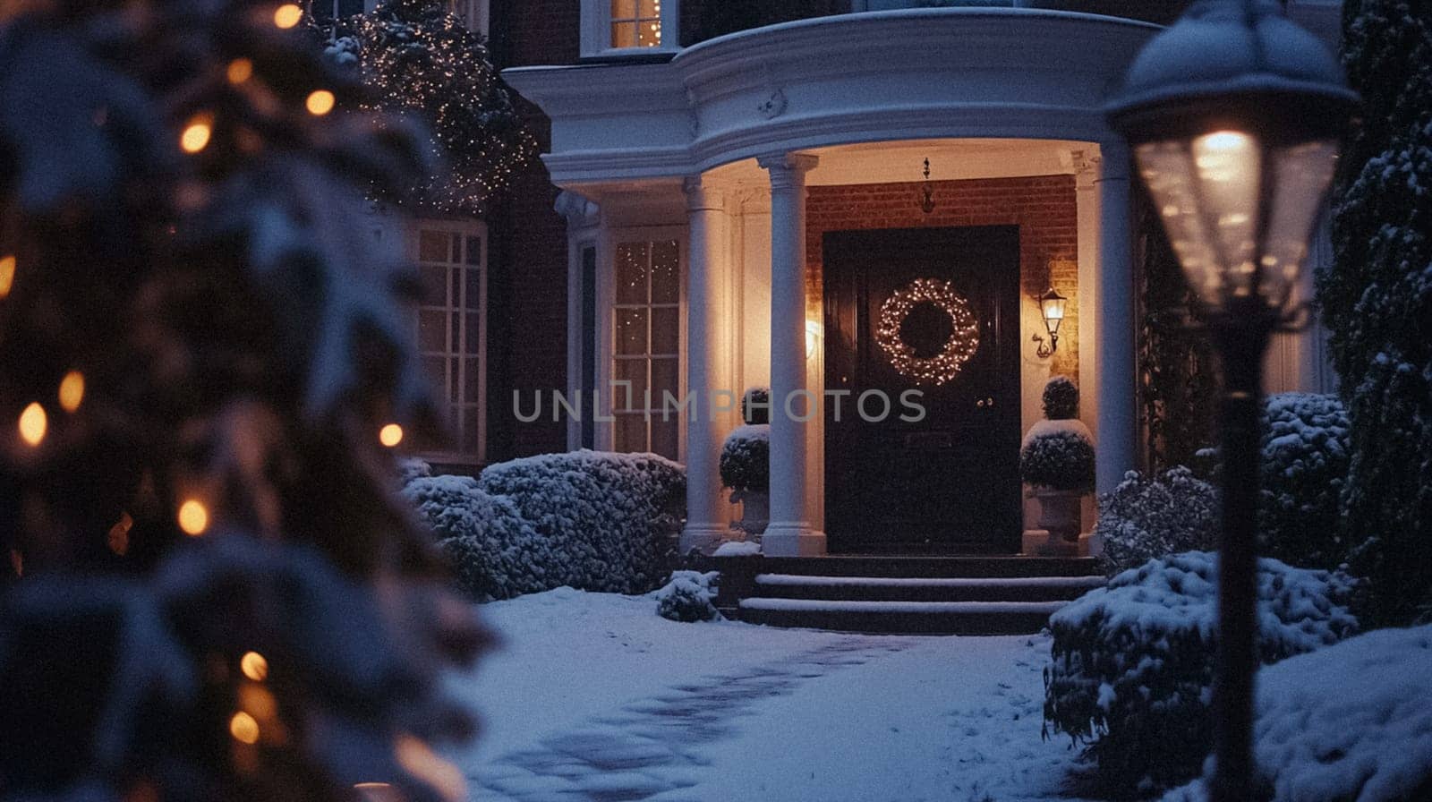 Country manor decorated for Christmas, Merry Christmas holiday idea