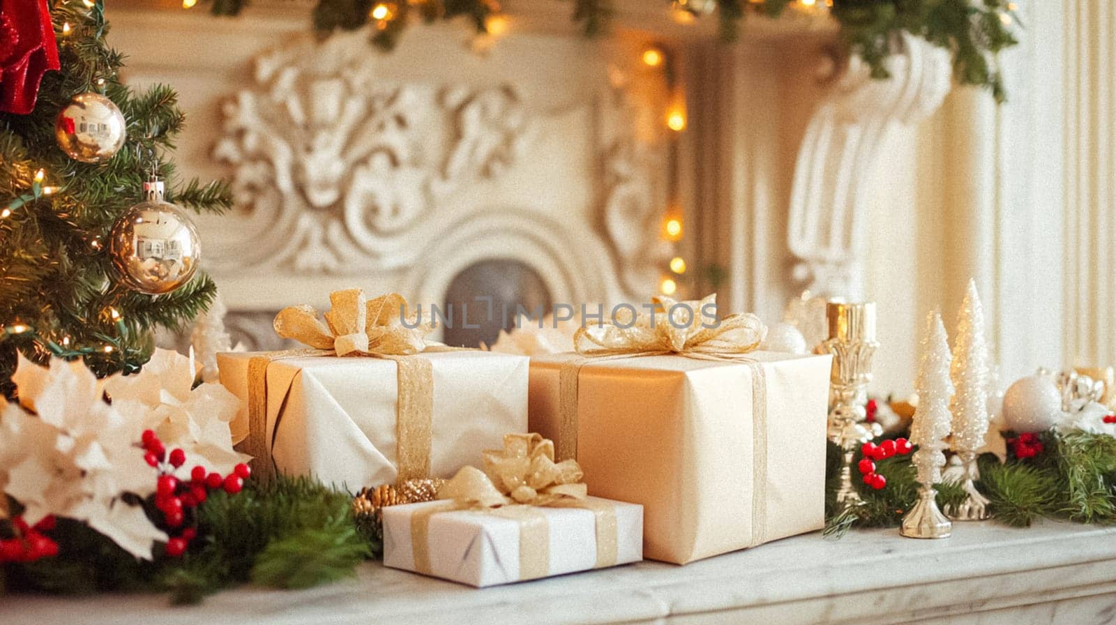 Country manor decorated for Christmas, Merry Christmas holiday idea