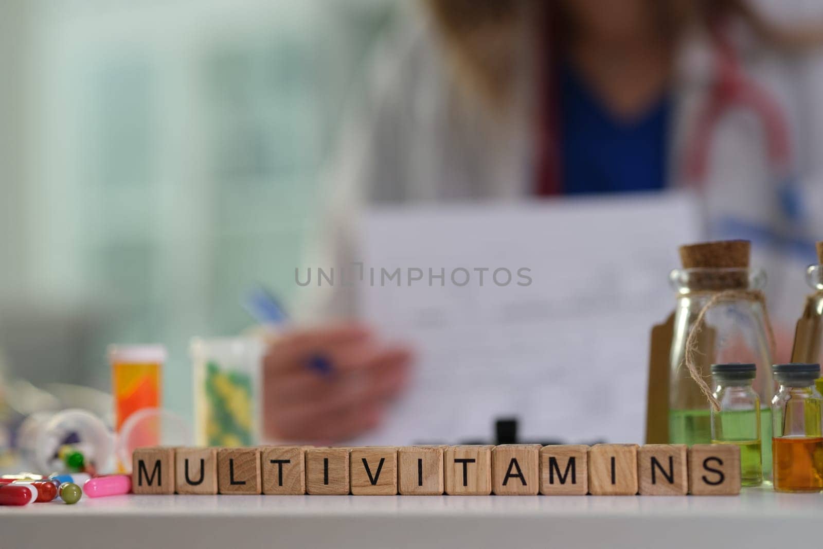 A professional healthcare setting showcasing multivitamins alongside advanced health analysis tools and equipment