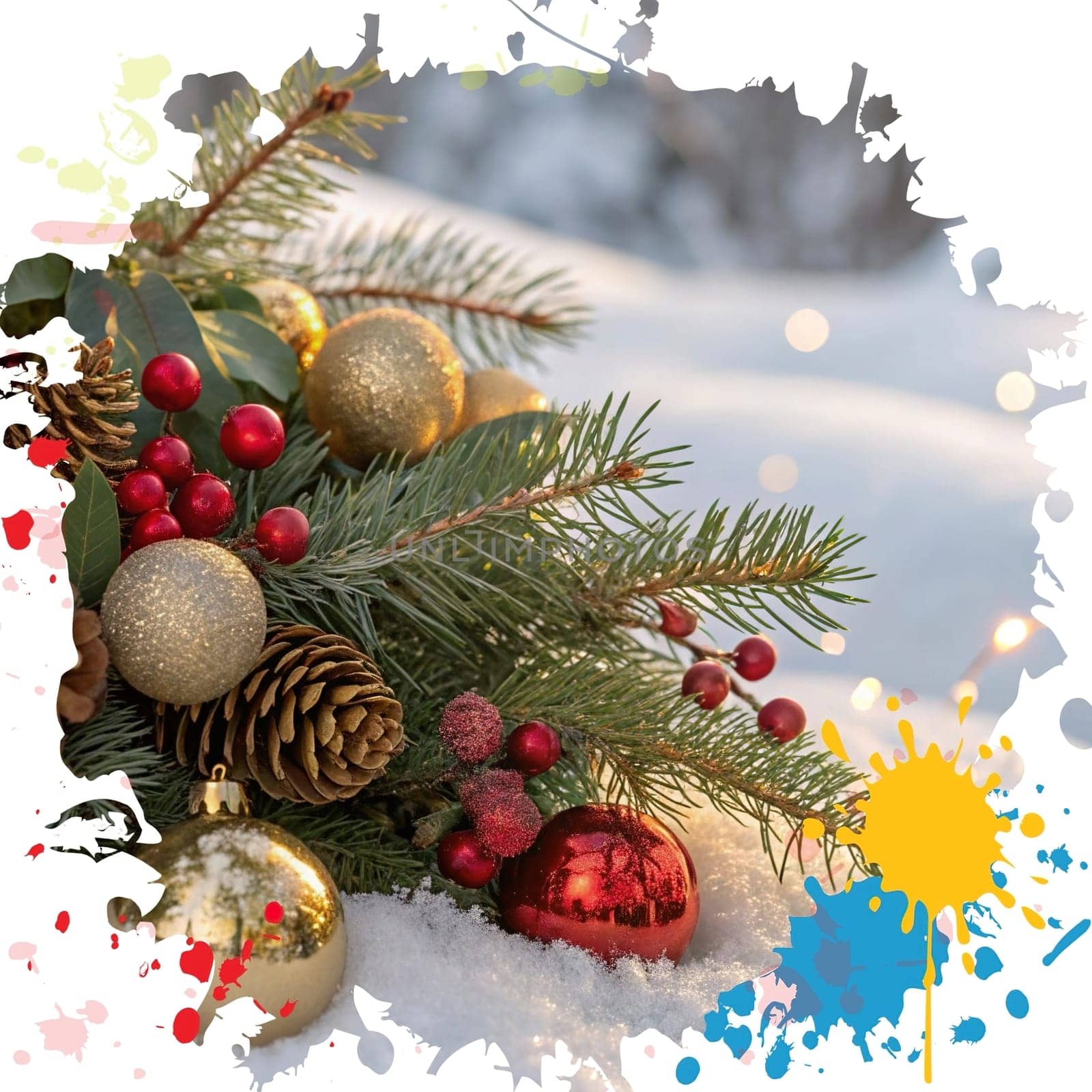 Festive Christmas and New Year Decoration with Snow.Space for text.A beautifully arranged Christmas and New Year decoration featuring snow-covered pine branches adorned with golden and red baubles, pinecones, and vibrant red berries. The scene captures the essence of the holiday season with its festive ornaments and a gentle snowfall, creating a warm and inviting winter atmosphere.