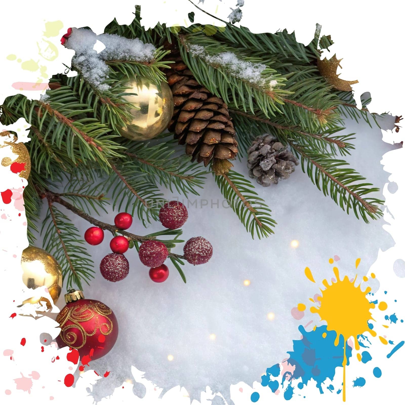 Festive Christmas and New Year Decoration with Snow.Space for text.A beautifully arranged Christmas and New Year decoration featuring snow-covered pine branches adorned with golden and red baubles, pinecones, and vibrant red berries. The scene captures the essence of the holiday season with its festive ornaments and a gentle snowfall, creating a warm and inviting winter atmosphere.