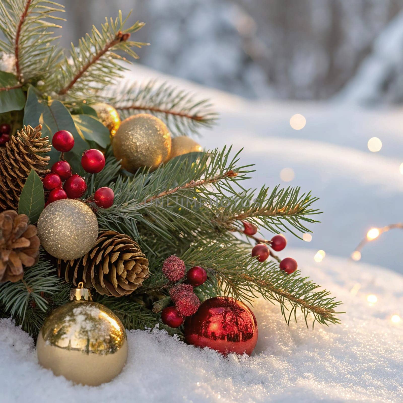Festive Christmas and New Year Decoration with Snow.Space for text.A beautifully arranged Christmas and New Year decoration featuring snow-covered pine branches adorned with golden and red baubles, pinecones, and vibrant red berries. The scene captures the essence of the holiday season with its festive ornaments and a gentle snowfall, creating a warm and inviting winter atmosphere.