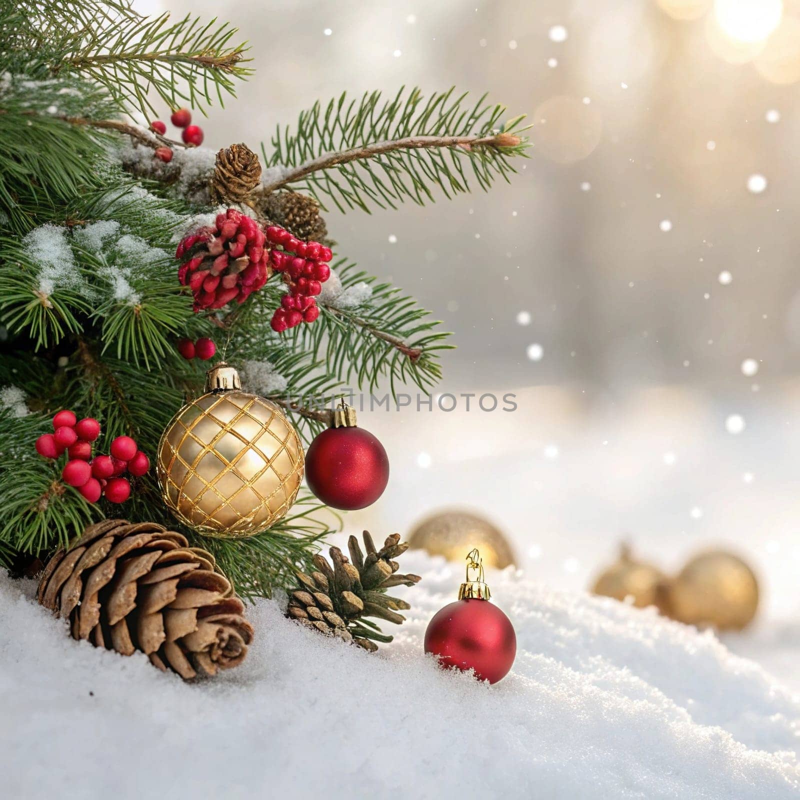 Festive Christmas and New Year Decoration with Snow.Space for text.A beautifully arranged Christmas and New Year decoration featuring snow-covered pine branches adorned with golden and red baubles, pinecones, and vibrant red berries. The scene captures the essence of the holiday season with its festive ornaments and a gentle snowfall, creating a warm and inviting winter atmosphere.