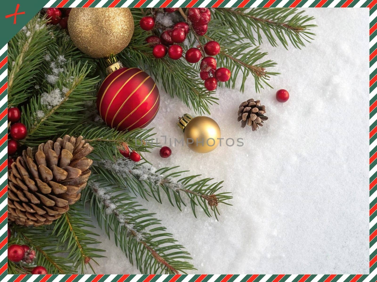 Festive Christmas and New Year Decoration with Snow.Space for text.A beautifully arranged Christmas and New Year decoration featuring snow-covered pine branches adorned with golden and red baubles, pinecones, and vibrant red berries. The scene captures the essence of the holiday season with its festive ornaments and a gentle snowfall, creating a warm and inviting winter atmosphere.