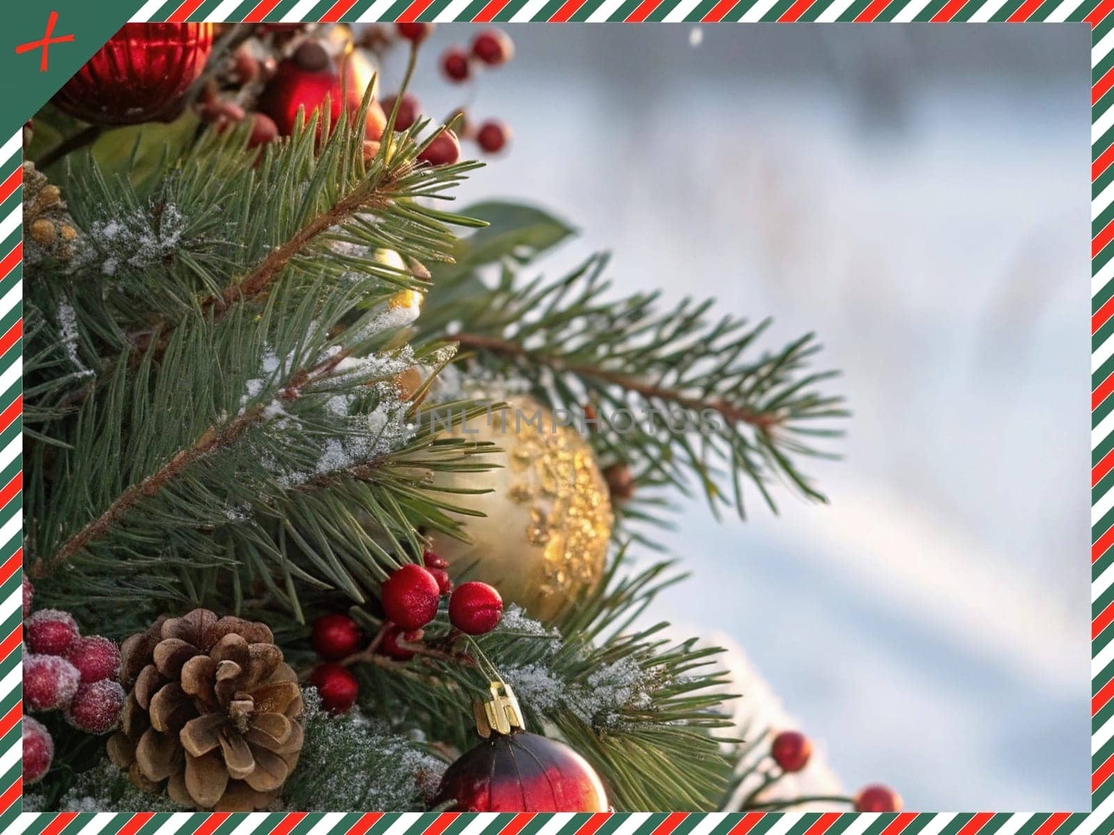 Festive Christmas and New Year Decoration with Snow.Space for text.A beautifully arranged Christmas and New Year decoration featuring snow-covered pine branches adorned with golden and red baubles, pinecones, and vibrant red berries. The scene captures the essence of the holiday season with its festive ornaments and a gentle snowfall, creating a warm and inviting winter atmosphere.