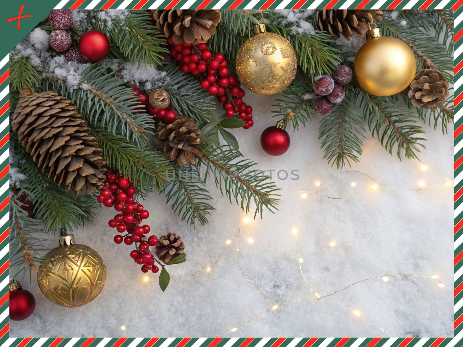 Festive Christmas and New Year Decoration with Snow.Space for text.A beautifully arranged Christmas and New Year decoration featuring snow-covered pine branches adorned with golden and red baubles, pinecones, and vibrant red berries. The scene captures the essence of the holiday season with its festive ornaments and a gentle snowfall, creating a warm and inviting winter atmosphere.